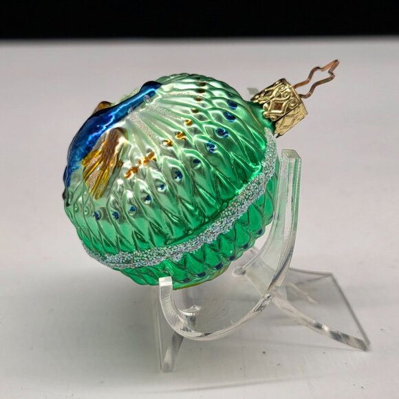 Inge Glas Peacock on Ball German Glass Christmas Ornament Green 2.5" - Picture 3 of 6
